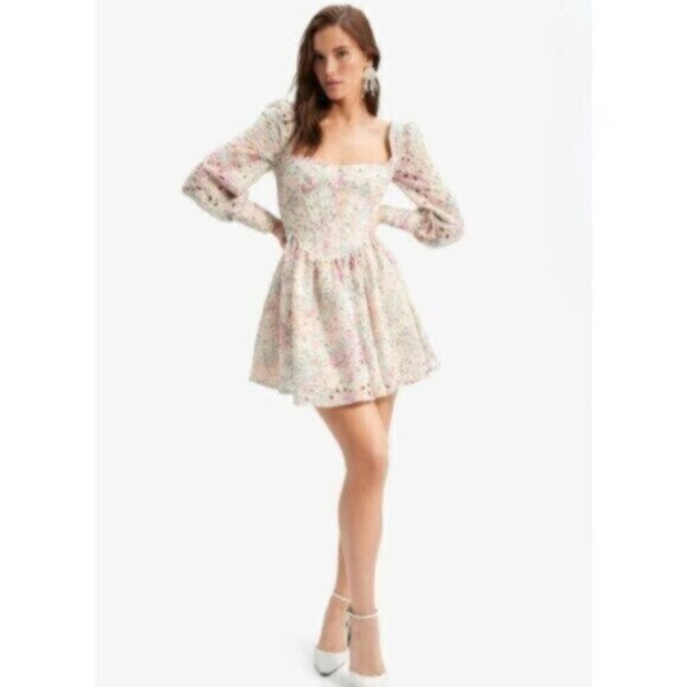 NWT Bardot Lila Flounce Broderie Pastel Floral Long Sleeve Mini Dress
